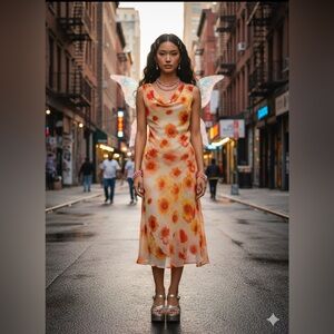 Vintage  Prom Dress Evening Gown  Yellow  Floral 90s Y2K Fairy Mid‎ Size 14